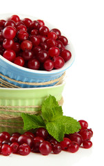 Ripe red cranberries in bowls, isolated on white.