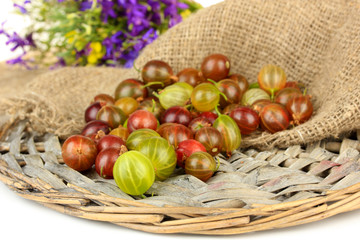 Fresh gooseberries on wicker mat close-up