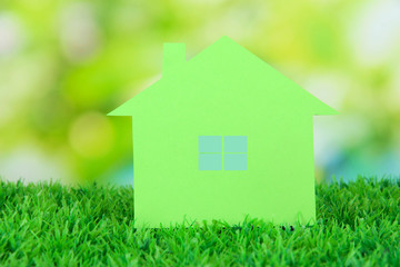 Paper house on grass on natural background