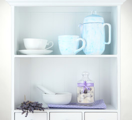 Still life with jar of lavender sugar, mortar and fresh