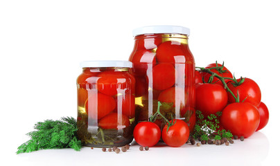Tasty canned and fresh tomatoes, isolated on white