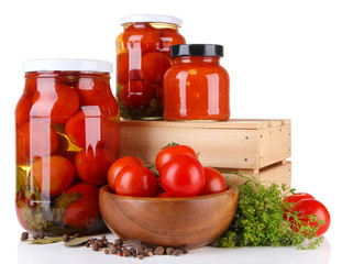 Tasty canned and fresh tomatoes, isolated on white