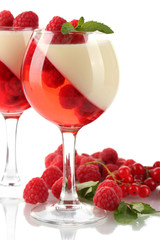 fruit jelly with raspberries in glasses isolated on white