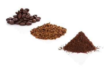 Coffee beans, ground coffee and instant coffee.