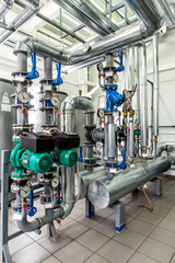 interior gas boiler room with multiple pumps and piping - obrazy, fototapety, plakaty
