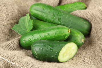 Tasty green cucumbers on sackcloth background