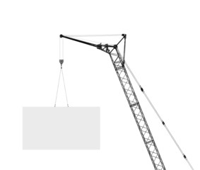 hoisting crane with empty board, silhouette on a white backgroun