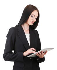 Fototapeta premium Young business woman writing, isolated on white