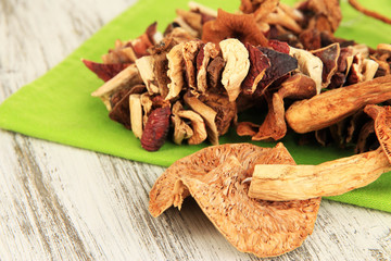 Dried mushrooms on wooden background