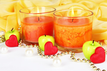 Romantic lighted candles close up
