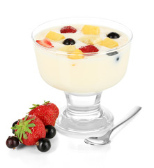 Delicious yogurt with fruit isolated on white