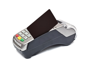 payment terminal, card on white background isolated