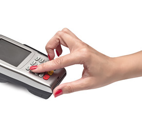 payment terminal, enter PIN on white background isolated