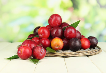 Ripe plums in basket on wooden table on natural background