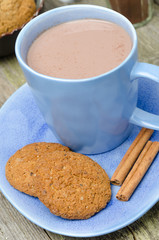 blue cup of cocoa with cinnamon and oatmeal cookies close-up
