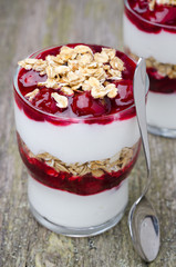 layered dessert with yogurt, granola  and  cherry, close-up