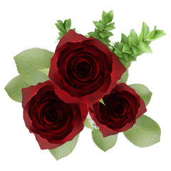 top view of three red roses in vase isolated on white background
