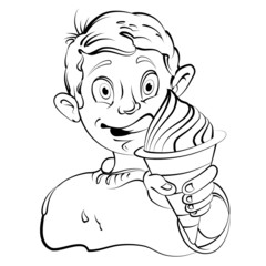 Cartoon little boy eating ice cream. Drawing style.