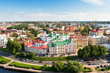 Fototapeta na wymiar Panorama of old Vyborg town with port