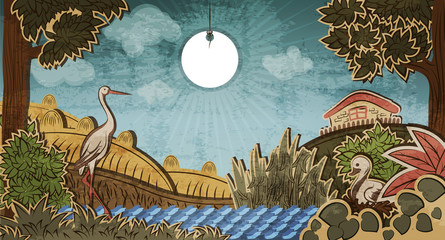 Stork in front of countryside and duck sitting on eggs.