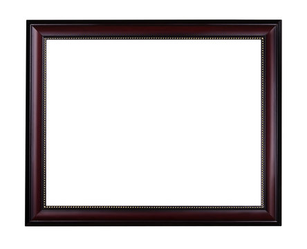Wooden mahogany picture frame with golden ornament isolated