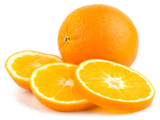 Cut orange fruit isolated on white background