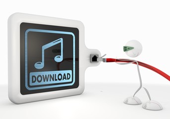 music download symbol with futuristic 3d character