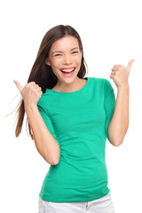 Thumbs up happy excited woman isolated