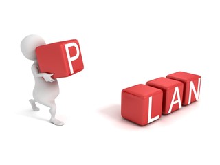 3d man with concept red PLAN letters toy blocks