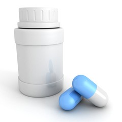 blue medical pills with white bottle container