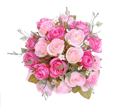 Close up pink roses bouquet from above
