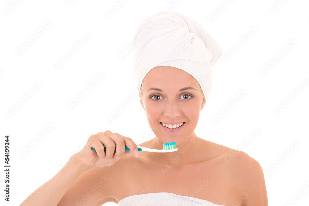 Wall mural attractive smiling woman with toothbrush isolated over white bac