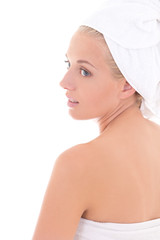 Fototapeta premium attractive girl with towel on her head over white