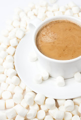 Gourmet cup of hot cocoa with mini marshmallows resting on backg