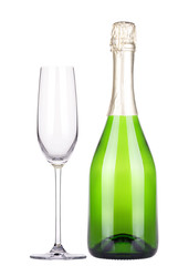 empty glass and bottle of champagne isolated