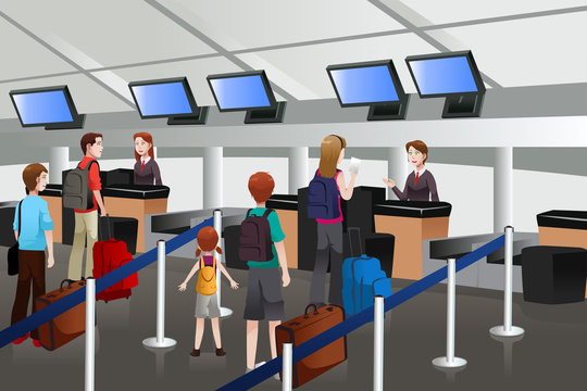 Lining up at the check-in counter in the airport