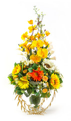 Bouquet of sunflower and vanda in glass vase