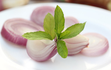 Sliced onion with mint leaves