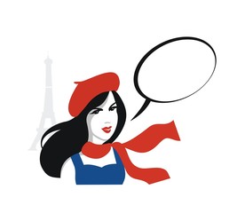 French girl i red beret with  speech bubble and Eiffel Tower in the background
