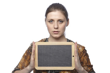 Frau mit Schiefertafel