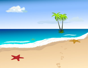Fototapeta na wymiar Palm trees on the island, starfish on the sand. Vector image.