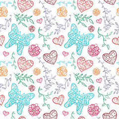 Floral seamless pattern with flowers, hearts and butterfly.