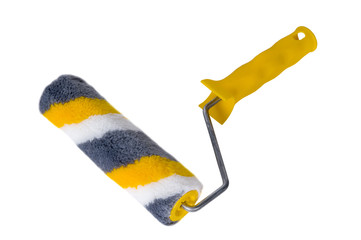 Yellow paint roller with shadow isolated on white background