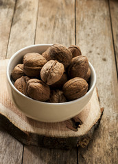 nuts on wooden background