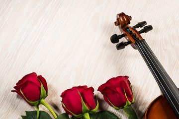 Fototapeta premium Violin, rose and music books
