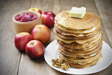 Pile of pancakes in the white plate
