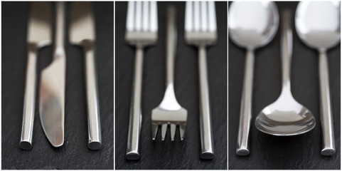 Collage of cutlery images on rustic style background