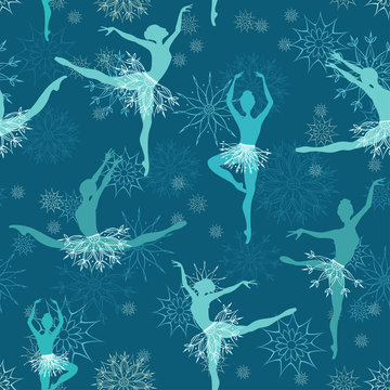Seamless background of snowflake ballet dancers