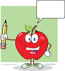 Happy Red Apple Holding Up A Pencil With Speech Bubble