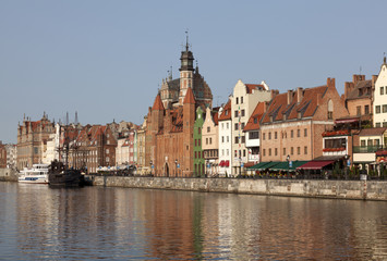 Old town waterfront over Motlawa river in Gdansk, Poland